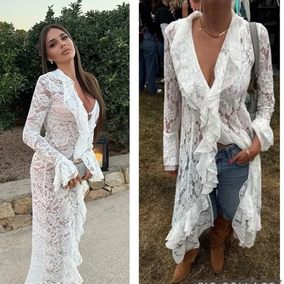 Women’s White Long Sleeve Ruffle Sheer Lace Maxi Dress Top Kimono - Picture 4 of 13